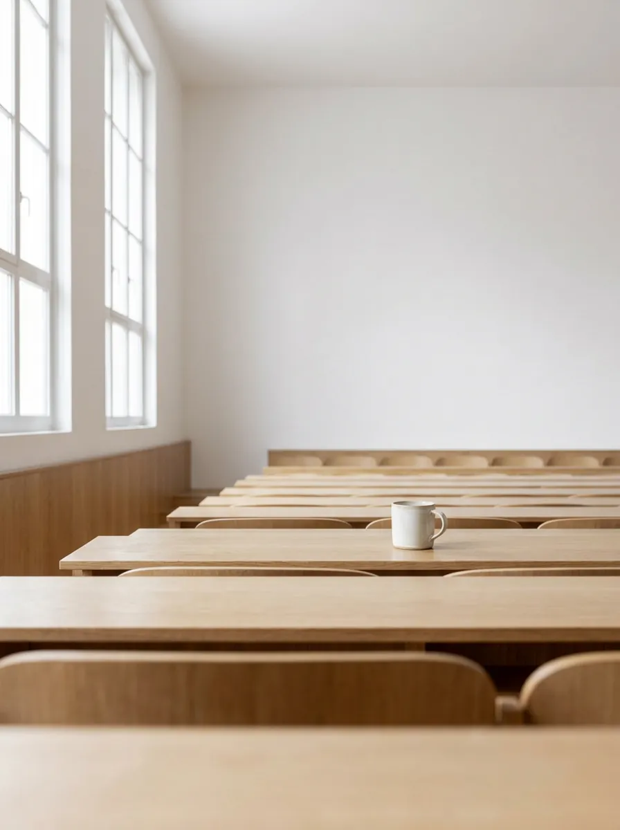 Empty lecture hall with a single mug on a desk